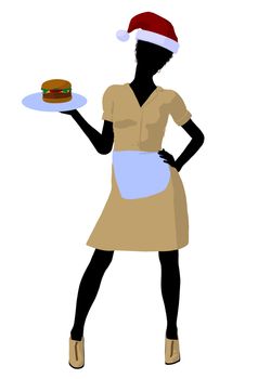 African american waitress wearing a santa hat silhouette on a white background