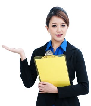 Portrait of a beautiful young businesswoman gesturing and holding clipboard, isolated on white background.