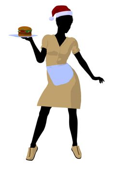 African american waitress wearing a santa hat silhouette on a white background