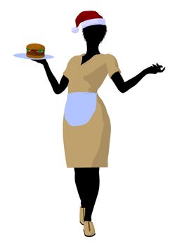 African american waitress wearing a santa hat silhouette on a white background