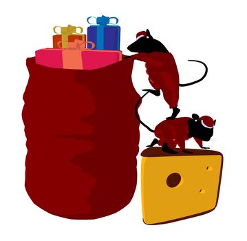 Little cute mouses with christmas presents silhouette on a white background