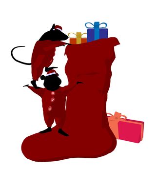 Little cute mouses with christmas presents silhouette on a white background