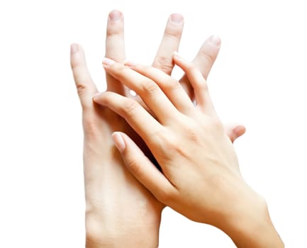 Hands loving guy and girl on a white background