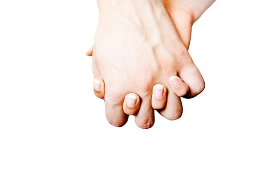 Hands loving guy and girl on a white background