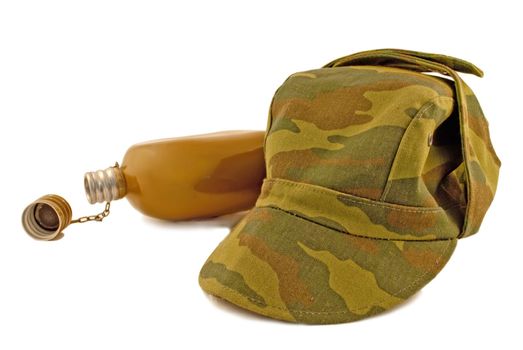 Military cap, and flask on a white background