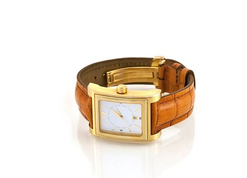 Golden watch with leather strap isolated white