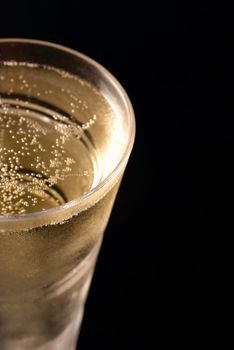 Closeup of chilled champagne glass with copy space