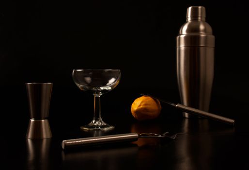 A set of basic cockttail utensils for the barman