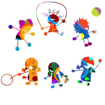 Happy kids, stylized drawing over white background