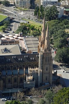 Aerial view of St Mary's Cathedral in Sydney, Australia