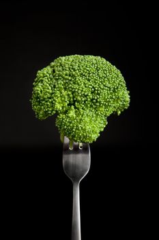 Broccoli on fork with black background 