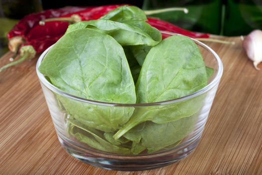 Spinach in glass bowl.