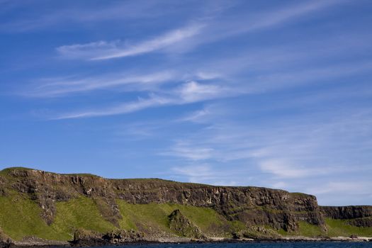 Rugged shoreline with steep cliffs on a bright summer day