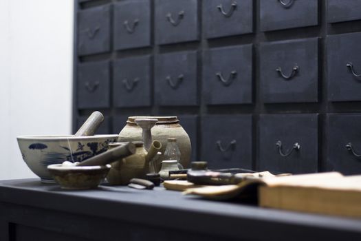 close up on the chinese antique medicine shop