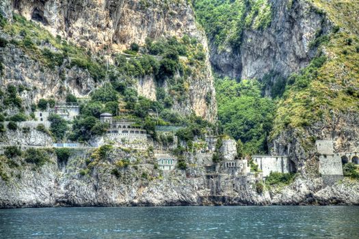 The cliffs and buildings of the Amalfi Coast shoot in HDR.