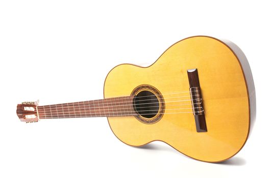 Perspective view classic guitar isolated on white background.