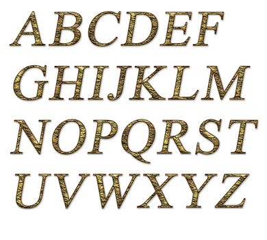 Alphabet on a white background with a gold texture