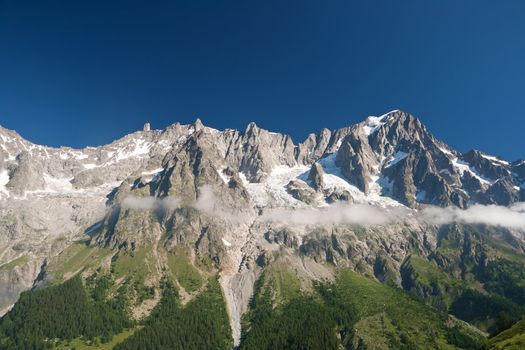summer view of Grandes Jorasses from  Ferret Valley, Courmayeur, Italy. Photo taken with polarized filter