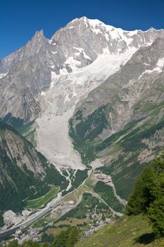 summer view Mont Blanc from Ferret valley, Courmayeur, Italy.