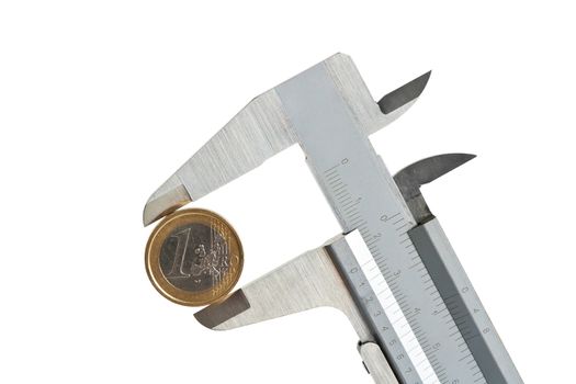 caliper with one euro coin isolated on white background with clipping path