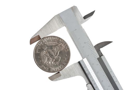 caliper with one dollar coin isolated on white background with clipping path