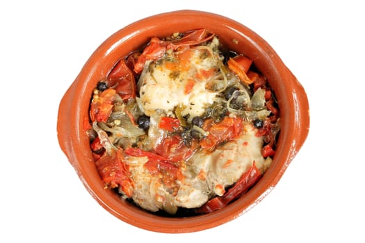 Stewed chicken and vegetables in ceramic bowl over whitee background