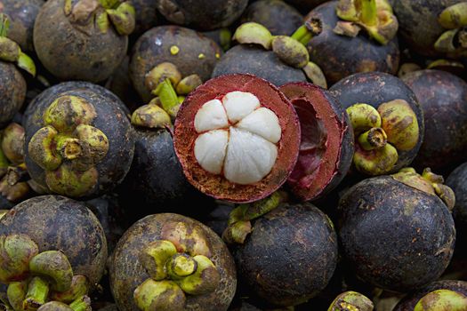 Purple Mangosteen on Fruit Stand in Tropical Country