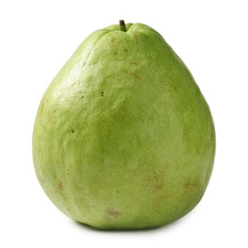 Single guava isolated against white, fruit with green color from tropical zone.
