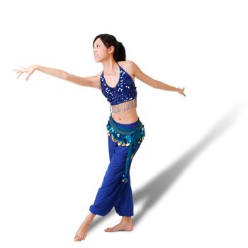Dancing pose by oriental woman, full length portrait isolated on white background.