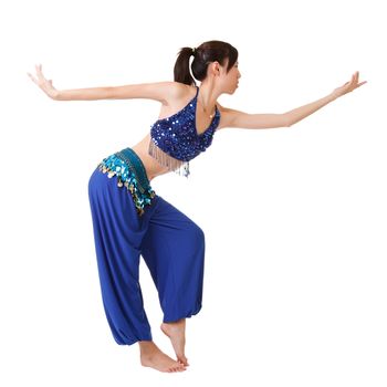 Attractive dancer dancing, full length portrait isolated on white background.