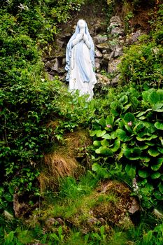 A statue of Virgin Mary on a hill surrounded by foliage