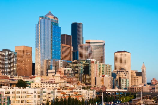 Downtown Seattle in the warm colors of light before sunset.