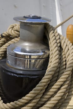 Winch with rope on ship
