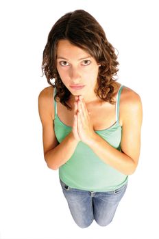 Shot of young woman praying, isolated on white background
