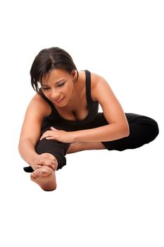Beautiful attractive woman stretching exercise before her yoga workout, dressed on black, isolated.