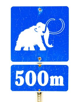 Funny mammoth icon on old weathered blue information road sign isolated on white background.