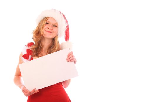 miss santa is smiling and holding a blank cardboard - whitespace on the right