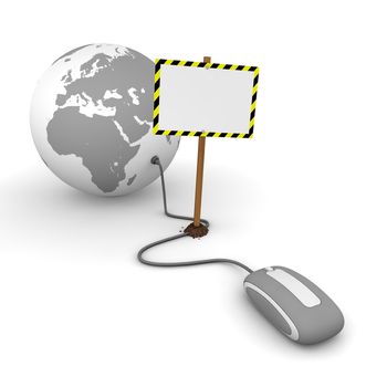 grey computer mouse is connected to a grey globe - surfing and browsing is blocked by a white rectangular sign that cuts the cable - empty template with yellow and black warning stripes