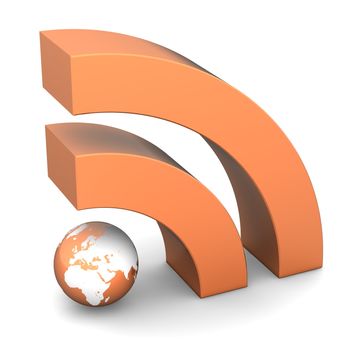 shiny metallic orange RSS symbol rendered in 3D on white ground