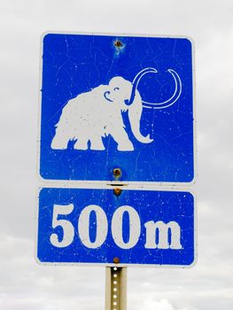 Funny mammoth icon on old weathered blue information road sign.