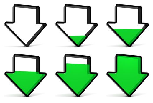 Download symbol: Start, Phase 1, Phase 2, Phase 3, Phase 4 and Phase 5. Black arrow and green fill isolated on white. Part of a series.