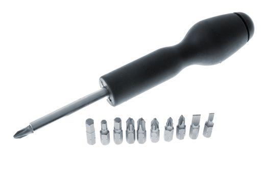 A screw driver and its various bits isolated on white background.