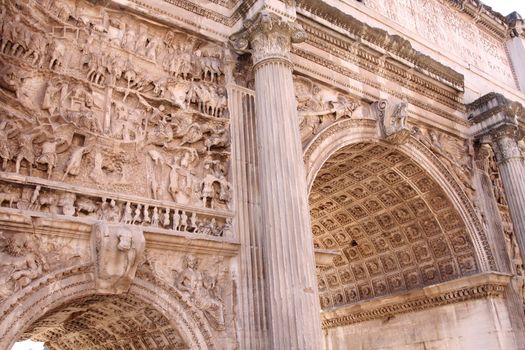 closeup shot of Arco di Settimio Severo, Forum Romano in Rome, Italy