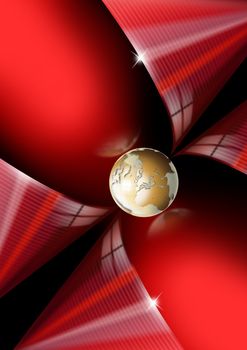 Illustration red and black background with gold globe