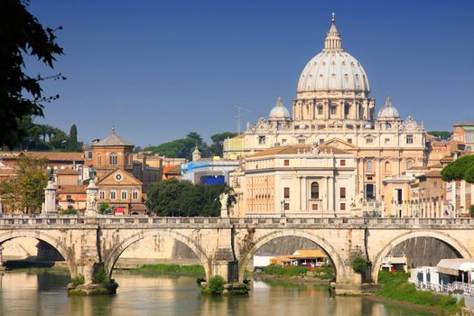 view of panorama Vatican City from Ponte Umberto I in Rome, Italy