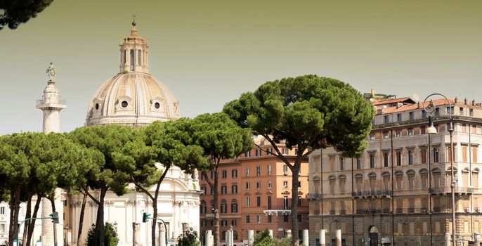 daetails Traian column and Santa Maria di Loreto in Rome, Italy