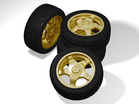 Four big golden sport alloy wheels with tyres