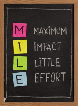 MILE acronym (maximum impact, little effort), productivity or efficiency concept sticky notes and chalk handwriting on blackboard