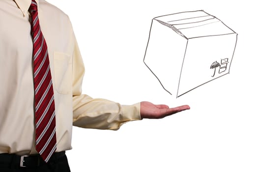 Man in a shirt and a tie holding his hand under a drawing of a box. Add your text to the box.