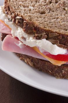 Close-up of a sandwich with turkey, cheese, and mayo.